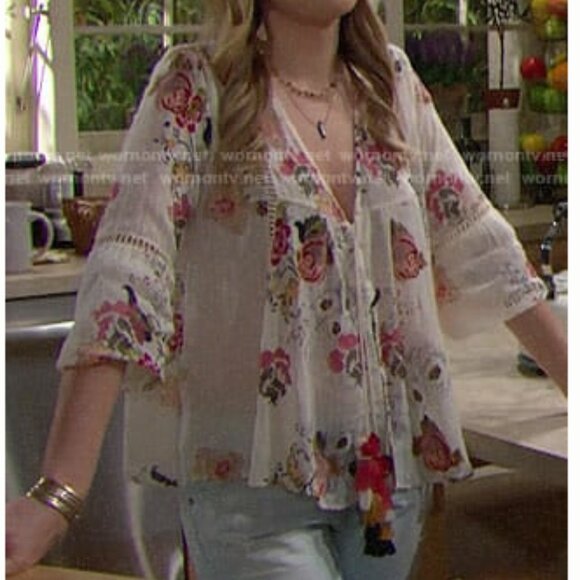 Zara Bohemian Eyelet Floral Embroidered Dotted Mesh Small Blouse Pom Pom Ties - Picture 8 of 10